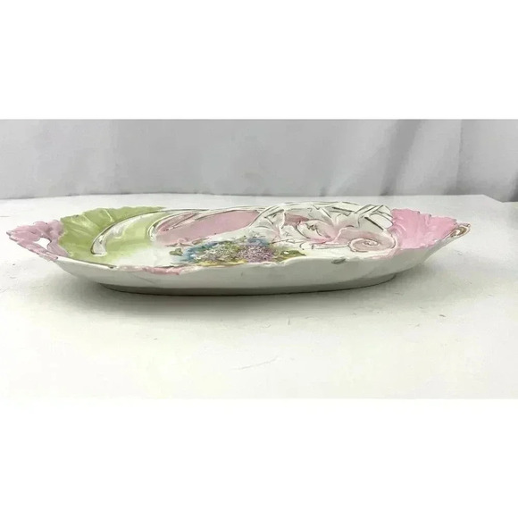 VTG Pink Green Porcelain Celery Dish Cut Out Handles Gold Accent Estate Find - Picture 9 of 14